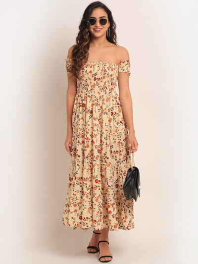 Cream-Coloured Floral Off-Shoulder Maxi Dress