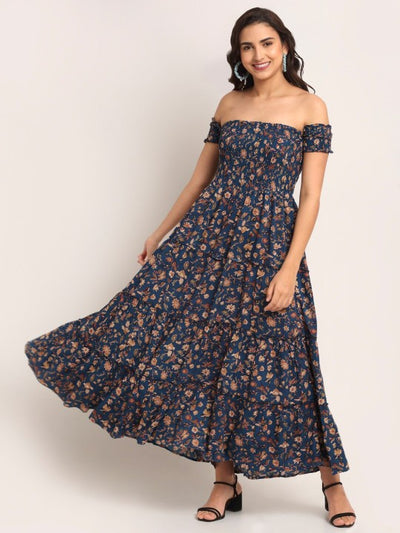 Blue Ethnic Motifs Off-Shoulder Maxi Dress