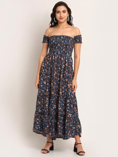Blue Ethnic Motifs Off-Shoulder Maxi Dress