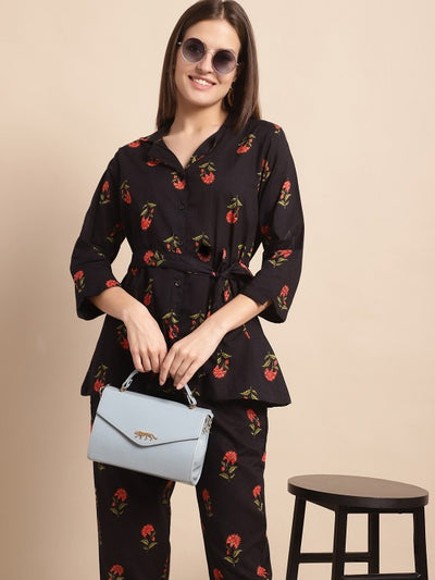 Floral Printed Shirt Collar Shirt With Trousers