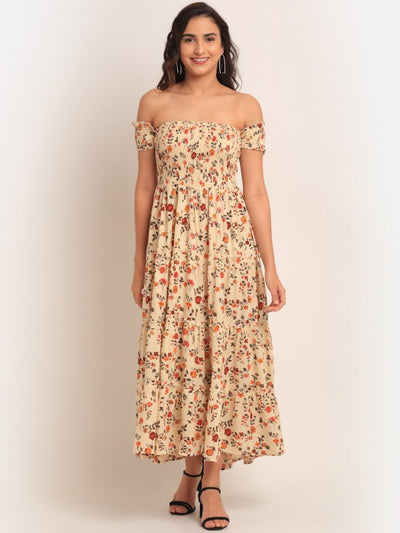 Cream-Coloured Floral Off-Shoulder Maxi Dress