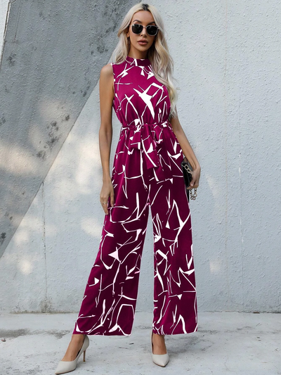 Printed Basic Jumpsuit With Waist Tie-Up