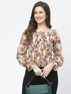 Beige Floral Print Smocked Chiffon Top