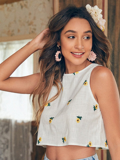 White Floral Embroidered Crop Tank Top