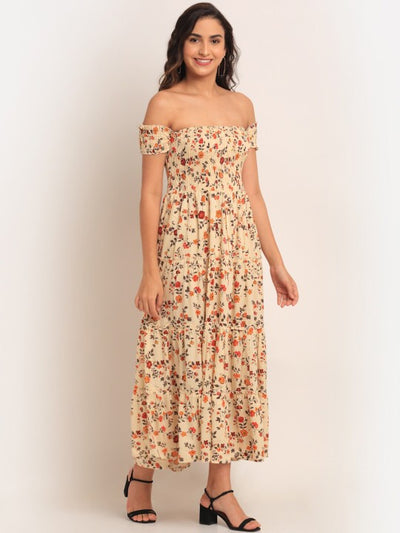 Cream-Coloured Floral Off-Shoulder Maxi Dress
