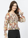 Beige Floral Print Smocked Chiffon Top