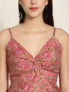 Floral Printed Shoulder Straps Gathered Silk A-Line Dress