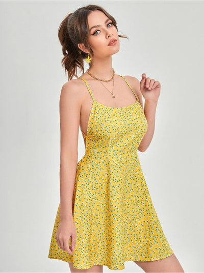 Women Yellow Floral Print Backless Dress