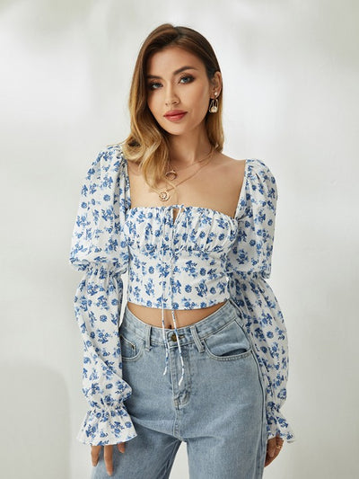 Casual Ballon Sleeve Floral Printed Women Top