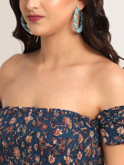 Blue Ethnic Motifs Off-Shoulder Maxi Dress