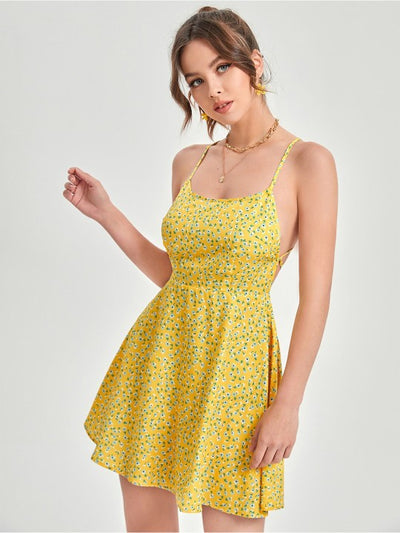 Women Yellow Floral Print Backless Dress