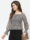 Beige Floral Print Smocked Chiffon Top