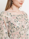 Beige Floral Print Smocked Chiffon Top