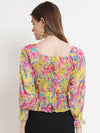 Beige Floral Print Smocked Chiffon Top