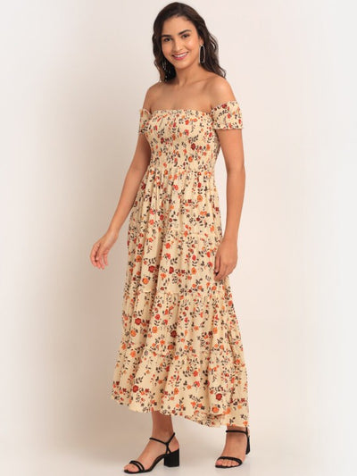Cream-Coloured Floral Off-Shoulder Maxi Dress