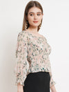 Beige Floral Print Smocked Chiffon Top