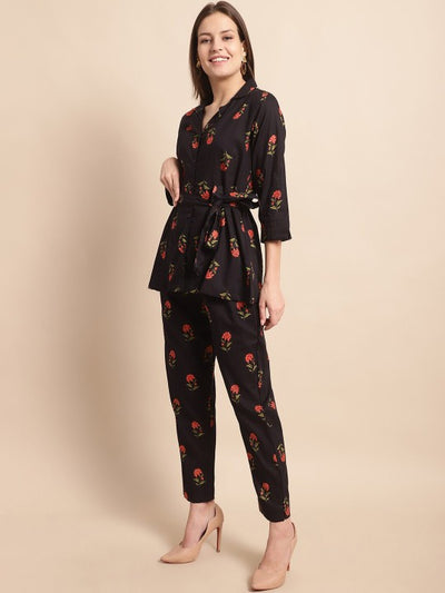 Floral Printed Shirt Collar Shirt With Trousers