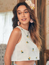 White Floral Embroidered Crop Tank Top