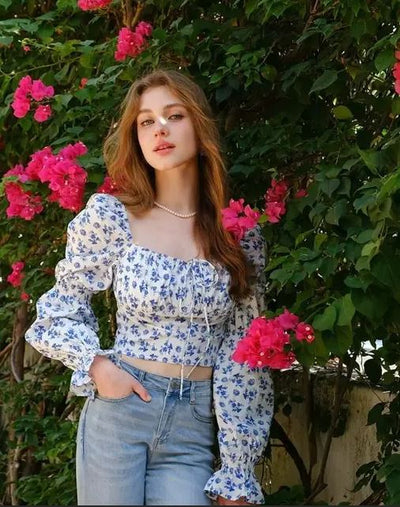 Casual Ballon Sleeve Floral Printed Women Top