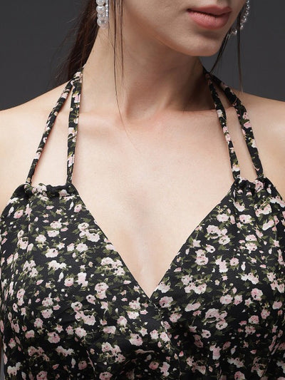 Floral Printed Halter Neck Crepe Fit & Flare Mini Dress
