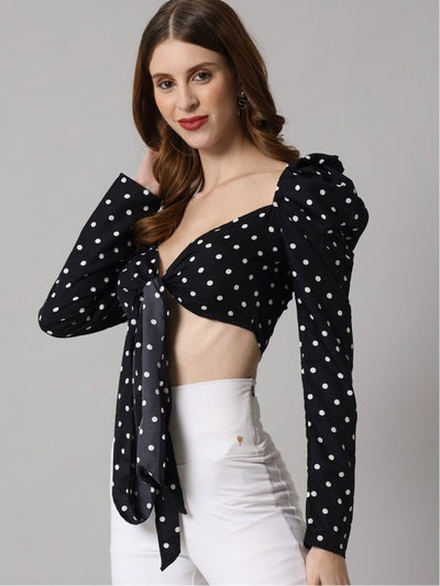Polka Dot Printed Sweetheart Neck Puff Sleeves Brallete Crop Top
