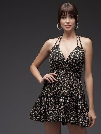 Floral Printed Halter Neck Crepe Fit & Flare Mini Dress