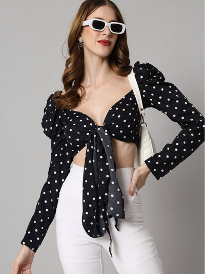 Polka Dot Printed Sweetheart Neck Puff Sleeves Brallete Crop Top