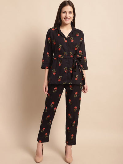 Floral Printed Shirt Collar Shirt With Trousers