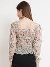 Beige Floral Print Smocked Chiffon Top