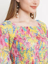 Beige Floral Print Smocked Chiffon Top