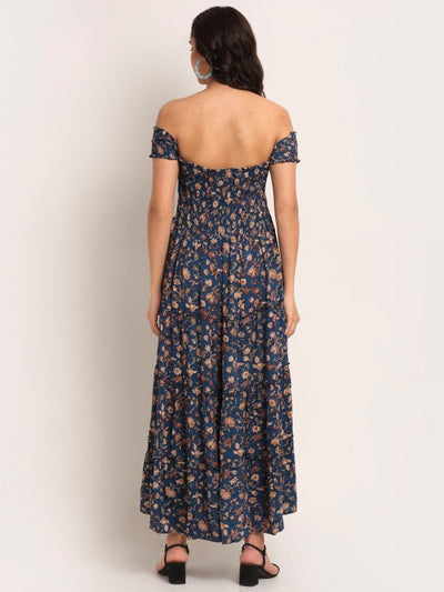 Blue Ethnic Motifs Off-Shoulder Maxi Dress
