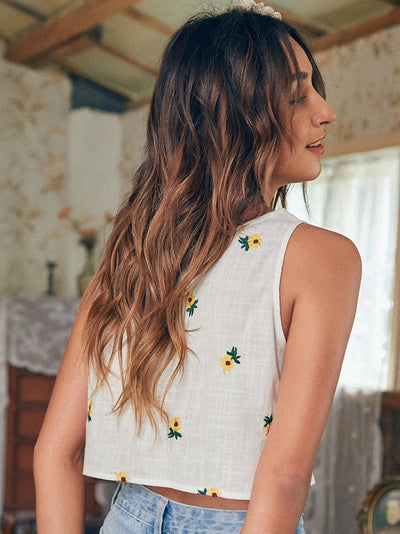 White Floral Embroidered Crop Tank Top