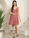 Floral Printed Shoulder Straps Gathered Silk A-Line Dress