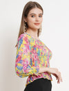 Beige Floral Print Smocked Chiffon Top