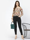 Beige Floral Print Smocked Chiffon Top