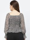 Beige Floral Print Smocked Chiffon Top