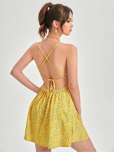 Women Yellow Floral Print Backless Dress