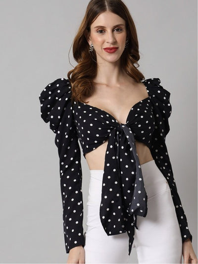 Polka Dot Printed Sweetheart Neck Puff Sleeves Brallete Crop Top