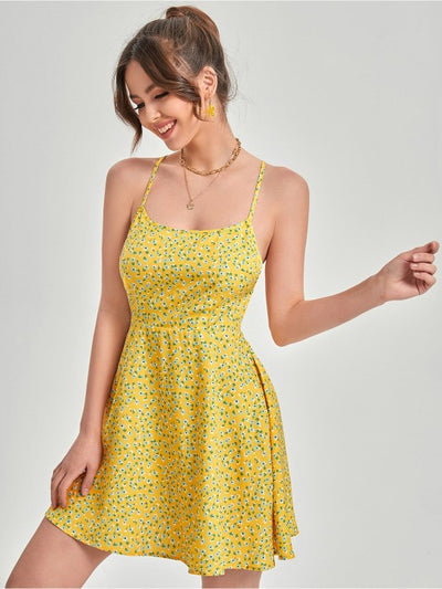 Women Yellow Floral Print Backless Dress